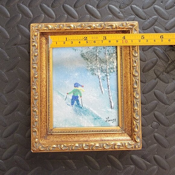 Winter Ski Scene Enamel on Copper Artwork By Jean Lucey, Framed & Signed, 7"x6" - Picture 9 of 16